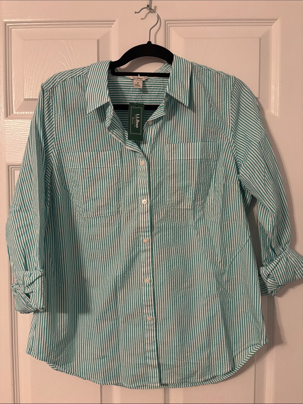 L.L. Bean Women's Striped Button-Down Shirt in ocean jade  & White